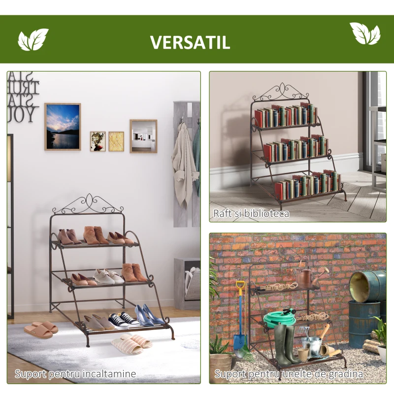 Jardiniera de Exterior Outsunny cu 3 Niveluri pentru Ornamente, Raft pentru Plante de Gradina din Metal, 60,5x59,5x95,5cm, Maro