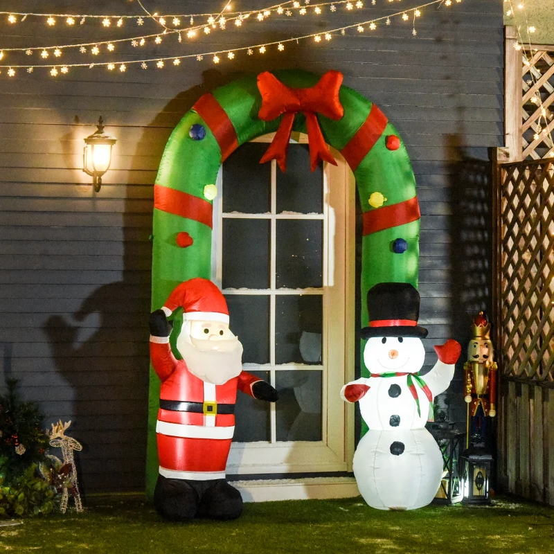 HOMCOM 244cm Arco Gonfiabile Gigante con 12 Luci a LED Babbo Natale e Pupazzo di Neve, Decorazione Natalizia da Esterno