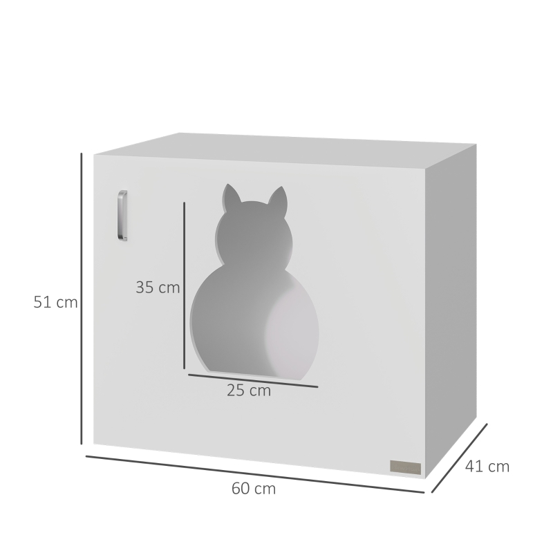 PawHut Casa para Gatos de Madeira Móvel Caixa de Areia para Gatos com Porta com Dobradiça e Orifício de Entrada em Forma de Gato Caverna para Gato 60x41x51cm Branco