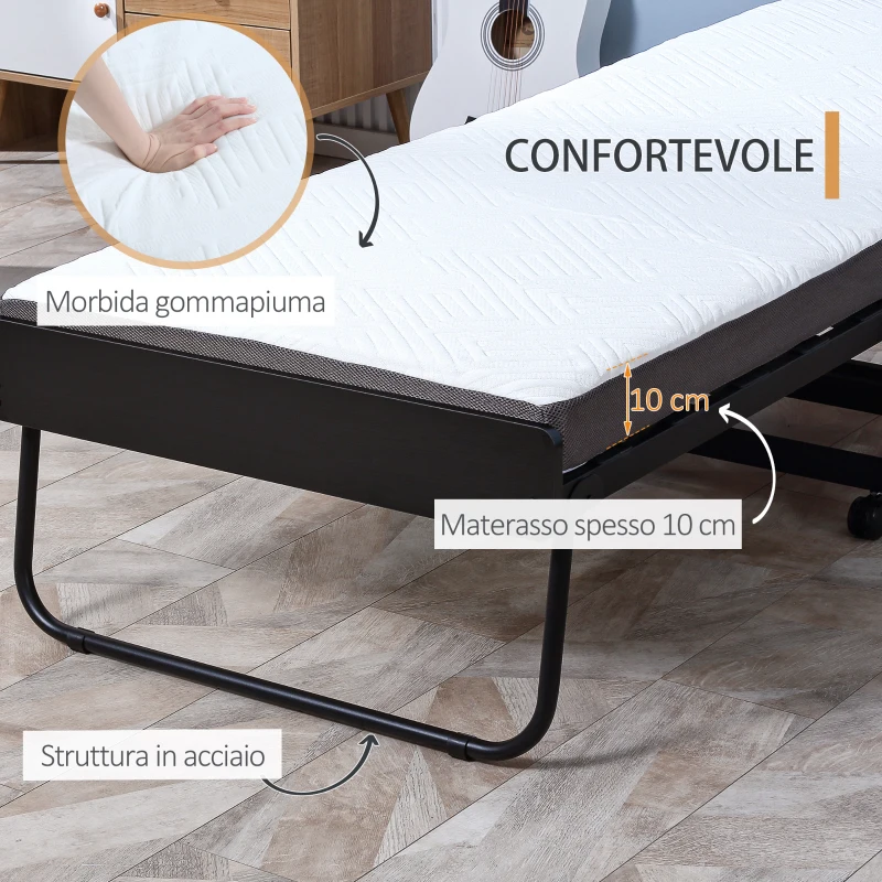 HOMCOM Brandina Pieghevole con Materasso da 10cm, Struttura in Acciaio con Ruote e Doghe, 80x200cm