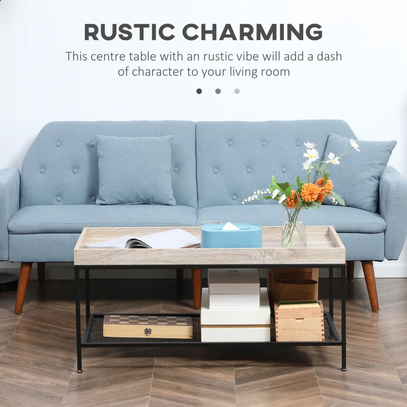 HOMCOM Tavolino da Salotto Basso a 2 Livelli con Bordo Rialzato, in MDF e Metallo, 100x50x46.5 cm, Color Legno