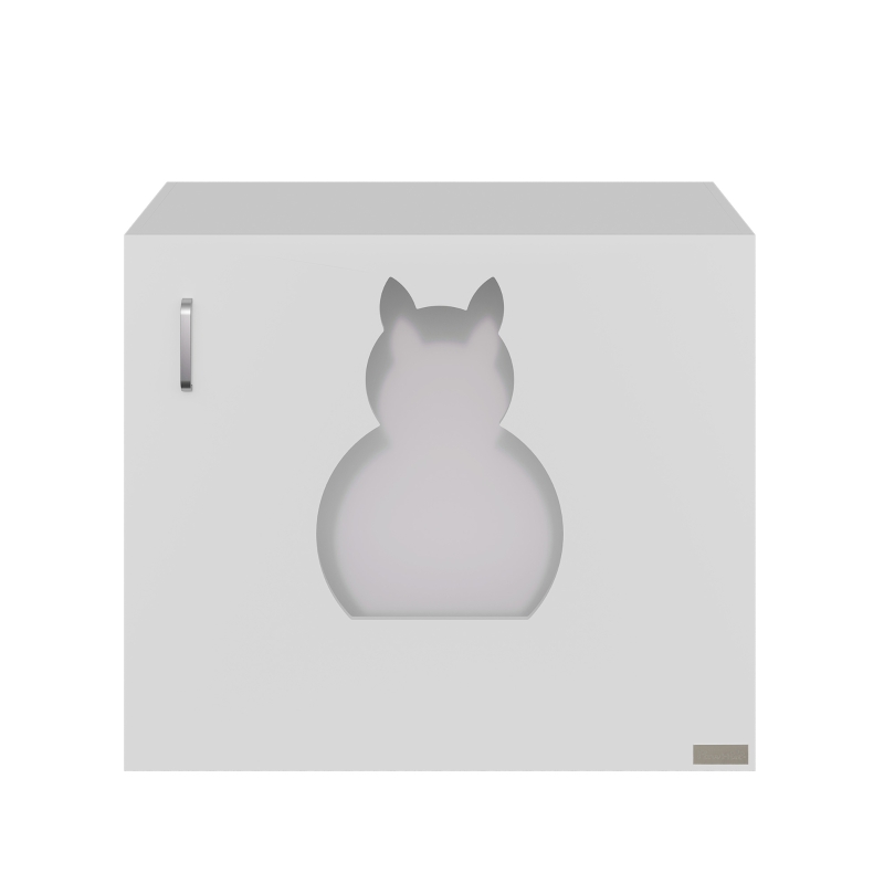 PawHut Casa para Gatos de Madeira Móvel Caixa de Areia para Gatos com Porta com Dobradiça e Orifício de Entrada em Forma de Gato Caverna para Gato 60x41x51cm Branco