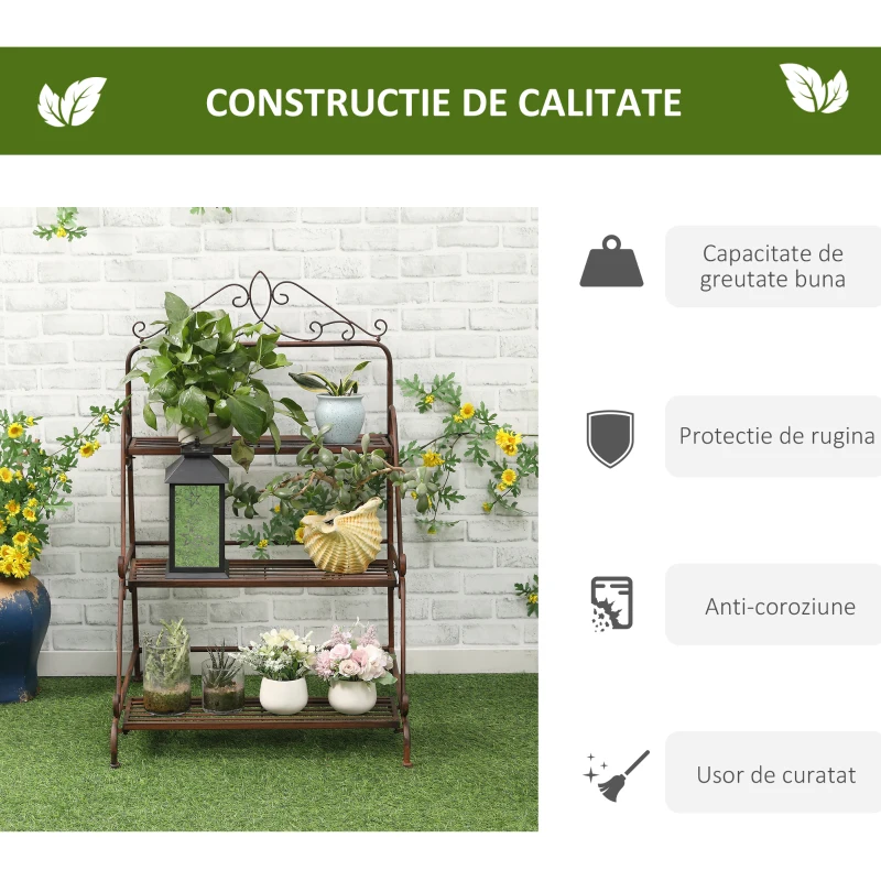 Jardiniera de Exterior Outsunny cu 3 Niveluri pentru Ornamente, Raft pentru Plante de Gradina din Metal, 60,5x59,5x95,5cm, Maro