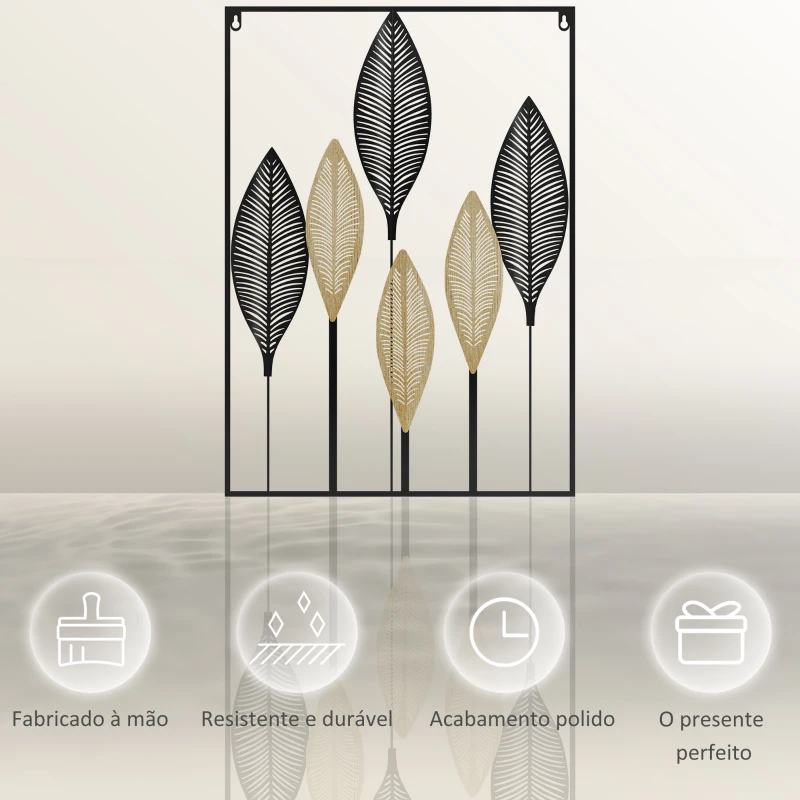HOMCOM Decoração de Parede de Metal de Folhas de Banana 3D Arte de Parede Suspensa  50x70cm Preto e Bege