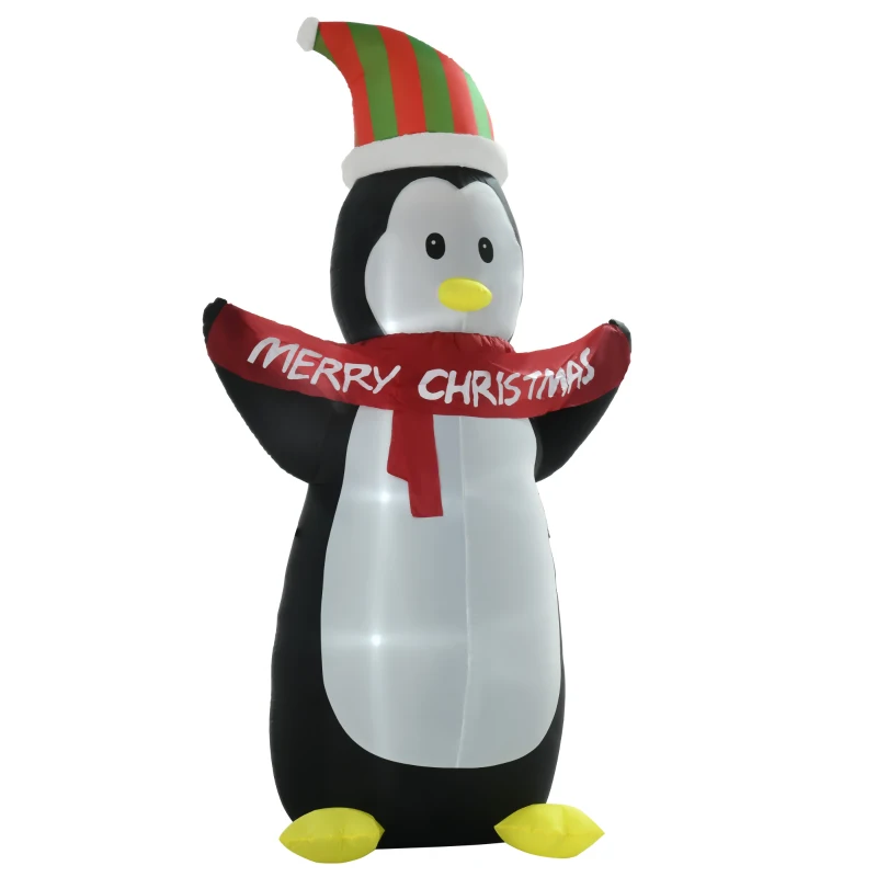 HOMCOM Pinguino Gonfiabile Gigante, Decorazione Natalizia Gonfiabile per Esterno con Luci LED, 130x75x243cm