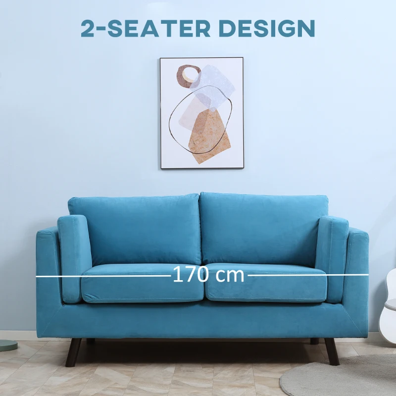 HOMCOM Divano 2 Posti Moderno con Braccioli Imbottiti, in Tessuto Effetto Velluto e Gambe in Legno, 170x90x85 cm, Blu