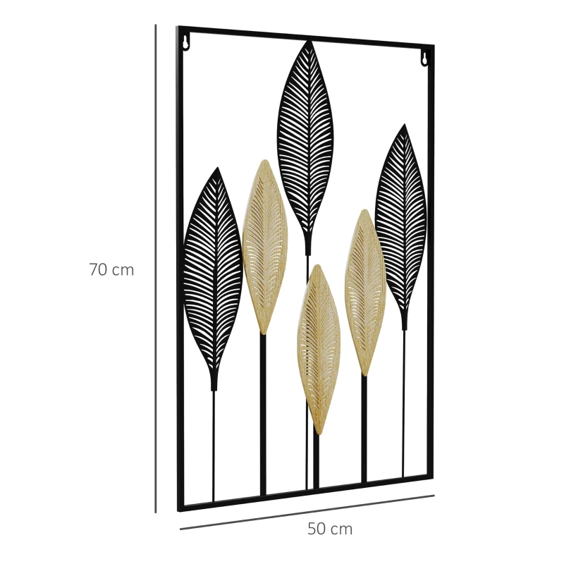 HOMCOM Decoração de Parede de Metal de Folhas de Banana 3D Arte de Parede Suspensa  50x70cm Preto e Bege