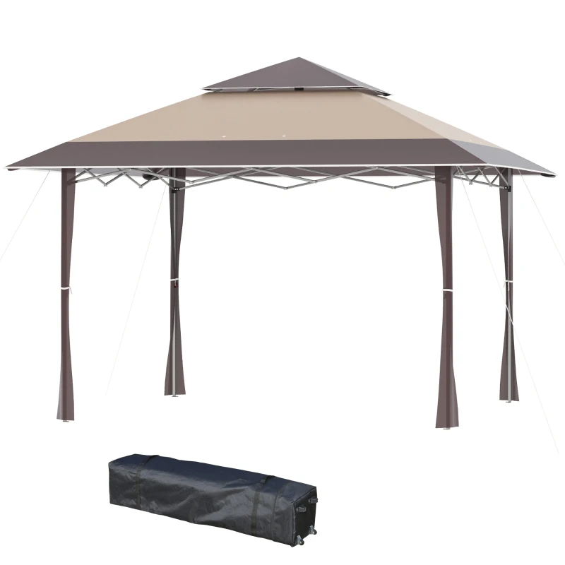 Outsunny Cenador Plegable 4x4 m Carpa de jardín con Doble Techo Altura Ajustable con Bolsa de Transporte de Acero Tela Oxford Protección UV para Fiestas Bodas Caqui y Café