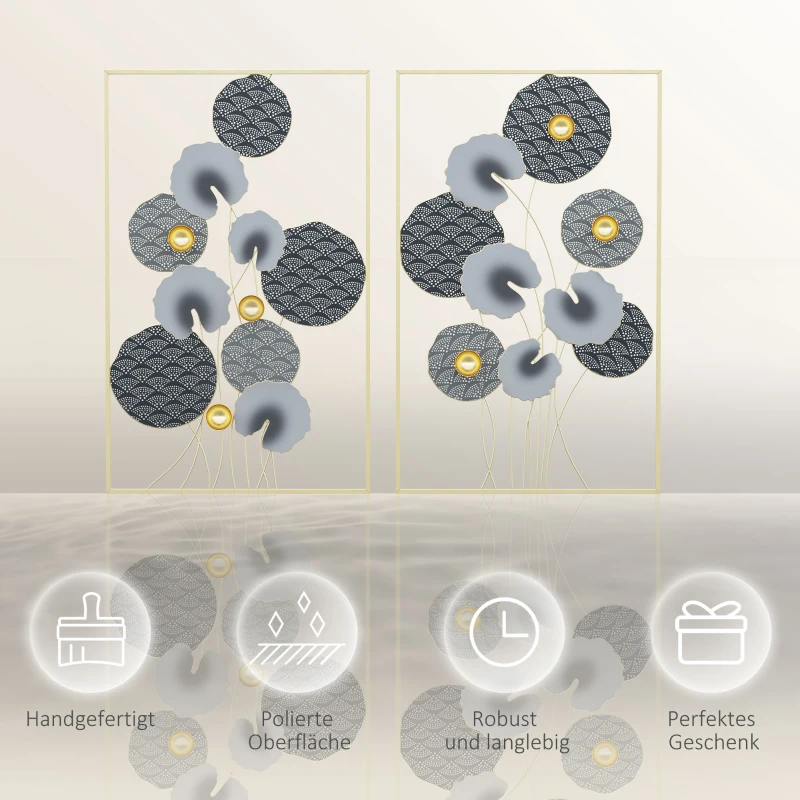 HOMCOM Dekoracje Ścienne Metalowe W Zestawie 2 sztuki, Design 3D, Motyw Liścia Lotosu, Jasnoszary + Ciemnoszary