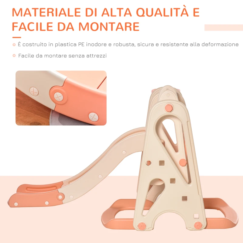 HOMCOM Scivolo per Bambini con Altalena e Canestro, Scivolo per Bimbi da Giardino o Cameretta, Età 18 mesi-5 anni, Rosa e Beige