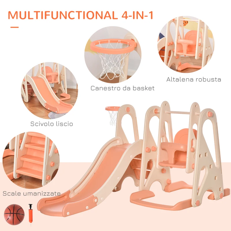 HOMCOM Scivolo per Bambini con Altalena e Canestro, Scivolo per Bimbi da Giardino o Cameretta, Età 18 mesi-5 anni, Rosa e Beige