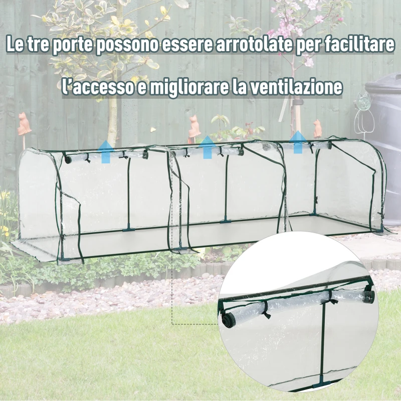 Outsunny Serra da Giardino a Tunnel con 4 Porte Avvolgibili in Acciaio e PVC Trasparente 296x100x80cm