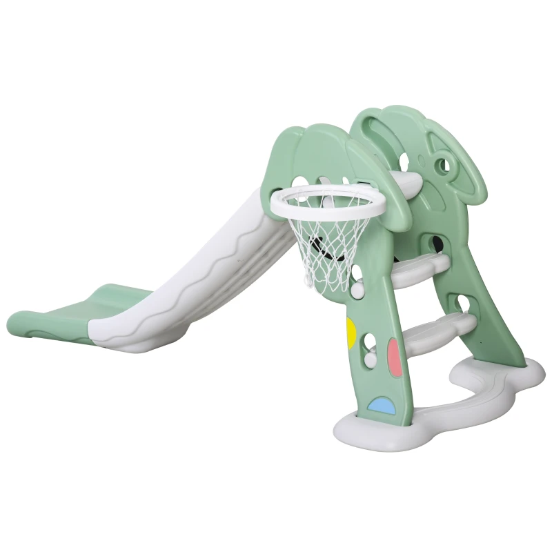 HOMCOM Scivolo per Bambini 1-4 Anni con Canestro, Pallone Basket e Pompetta per Giardino o Cameretta, Verde e Bianco