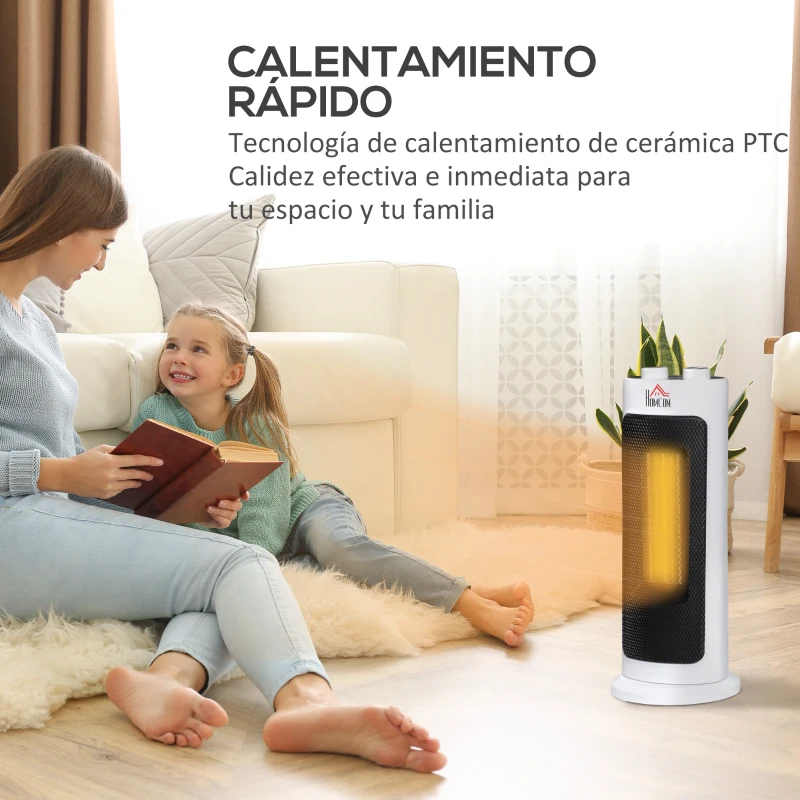 HOMCOM Calefactor Eléctrico de Torre 1300W/2000W Calentador Eléctrico Portátil con Oscilación 50° 17x17x41,5 cm Blanco