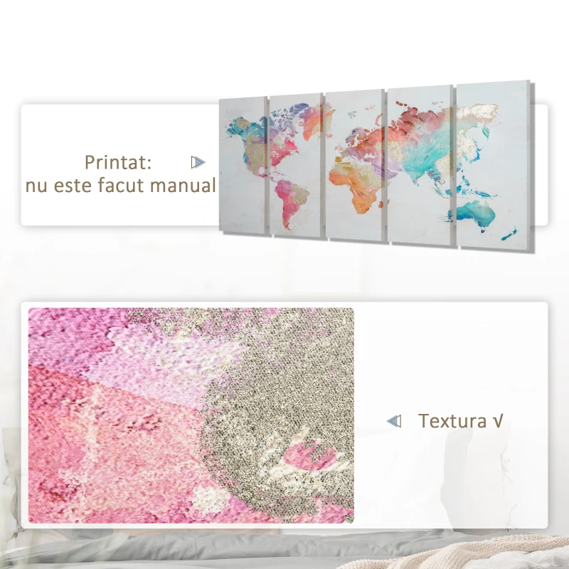 HOMCOM 5 Piese Canvas Wall Art Harta Lumii, Tablouri de Perete pentru Decor Dormitor Sufragerie, 80 x 40 cm x 4