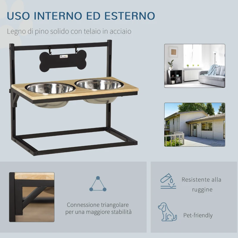 PawHut Ciotole per Cani Rialzate con Altezza Regolabile in Legno e Acciaio Inox, 58x32x50cm, Colore Naturale