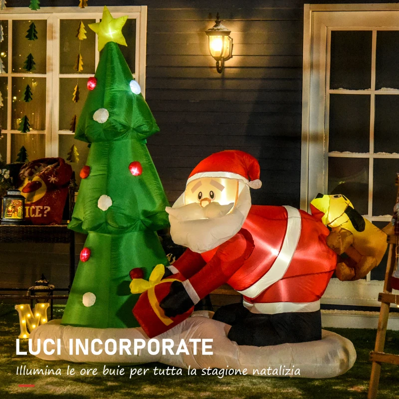 HOMCOM Babbo Natale Gonfiabile Gigante 210cm da Interno e da Esterno, Impermeabile con Albero di Natale e 13 Luci a LED