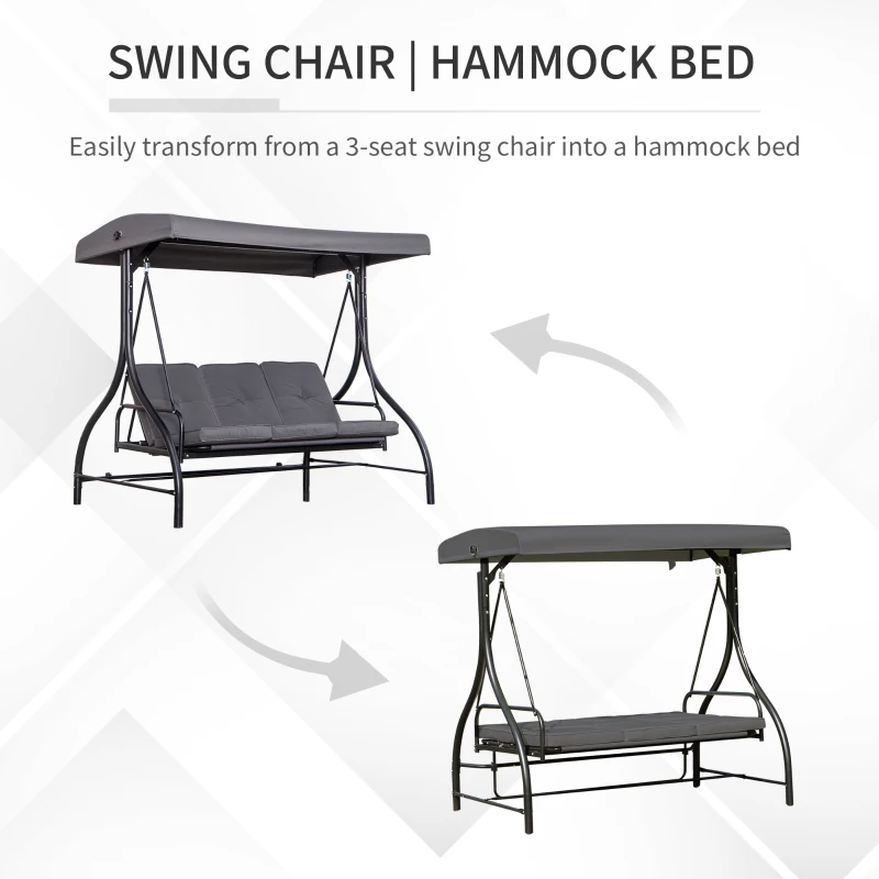 Outsunny Balansoar de Gradina 3 Locuri, Balansoar Pat pentru Exterior cu Baldachin Reglabil, din Otel si Poliester 200x125x170cm Gri