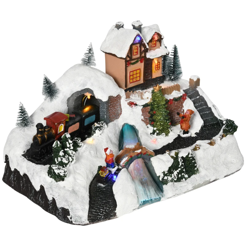HOMCOM Animated Christmas Village Scene, Battery-Operated Musical Holiday Decoration with LED Light, Fibre Optic River, Moving Train for Tabletop