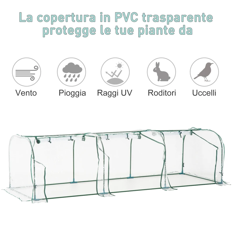 Outsunny Serra da Giardino a Tunnel con 4 Porte Avvolgibili in Acciaio e PVC Trasparente 296x100x80cm
