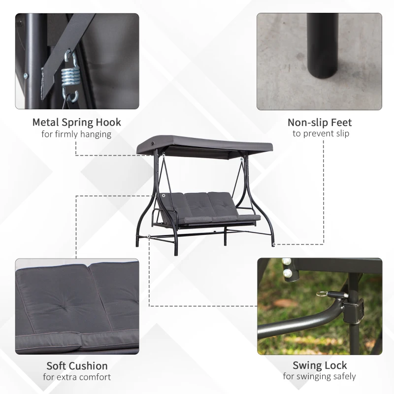 Outsunny Balansoar de Gradina 3 Locuri, Balansoar Pat pentru Exterior cu Baldachin Reglabil, din Otel si Poliester 200x125x170cm Gri