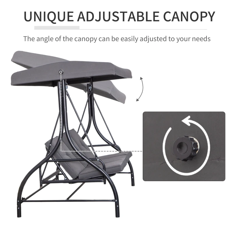 Outsunny Balansoar de Gradina 3 Locuri, Balansoar Pat pentru Exterior cu Baldachin Reglabil, din Otel si Poliester 200x125x170cm Gri