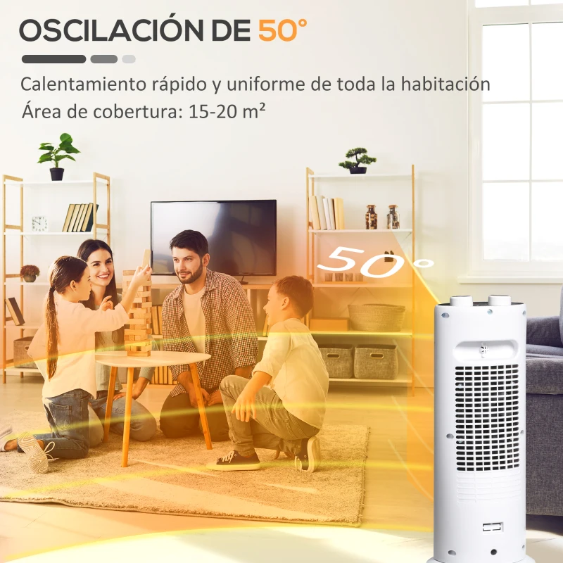 HOMCOM Calefactor Eléctrico de Torre 1300W/2000W Calentador Eléctrico Portátil con Oscilación 50° 17x17x41,5 cm Blanco