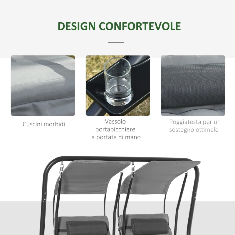 Outsunny Dondolo da Giardino 2 Posti con Sedute Separate e Tetto Parasole, Acciaio e Poliestere, 170x136x170cm Grigio
