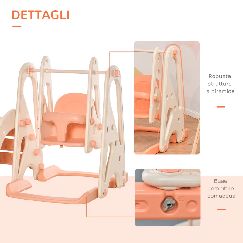 HOMCOM Scivolo per Bambini con Altalena e Canestro, Scivolo per Bimbi da Giardino o Cameretta, Età 18 mesi-5 anni, Rosa e Beige