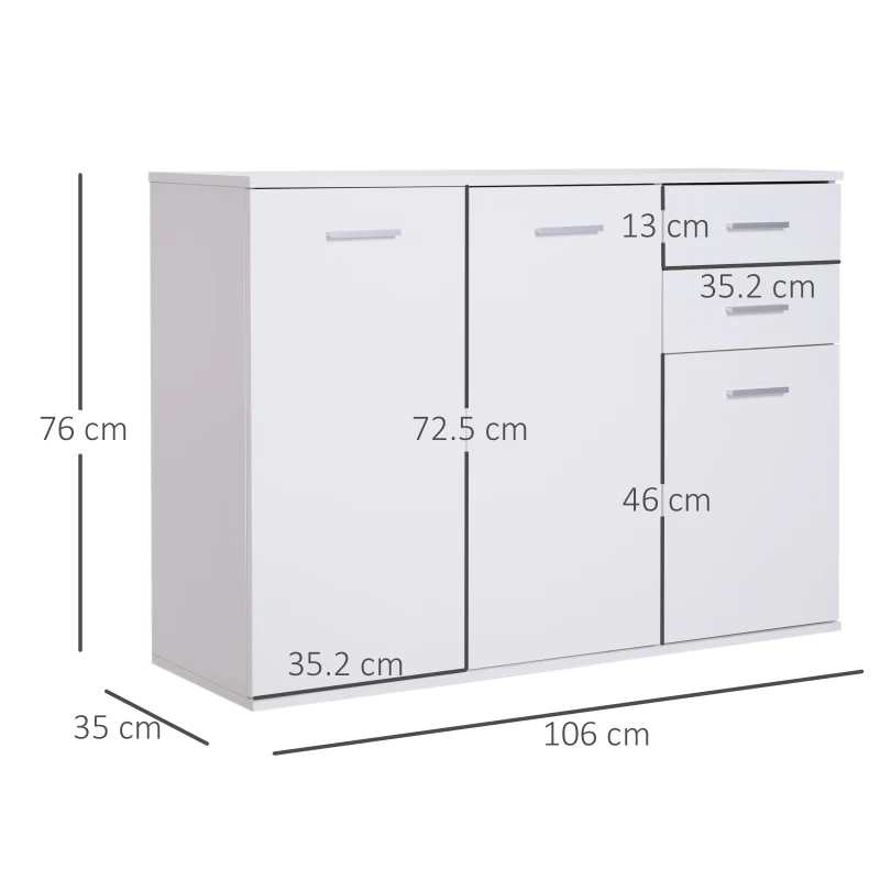 HOMCOM Dulapior cu 3 Usi si 2 Sertare in Lemn Granulat, Alb, 106x35x76cm(m-3)