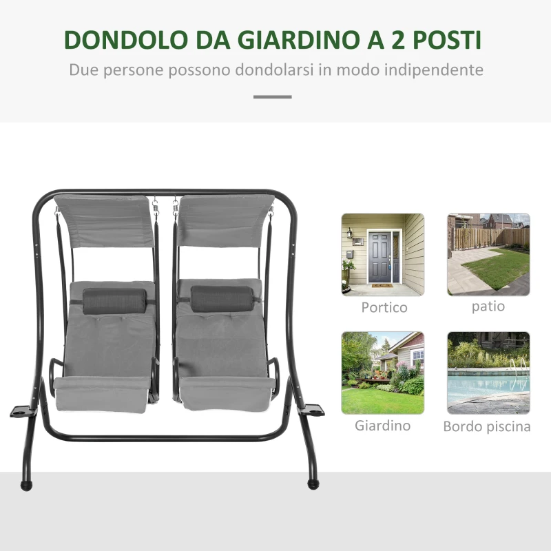 Outsunny Dondolo da Giardino 2 Posti con Sedute Separate e Tetto Parasole, Acciaio e Poliestere, 170x136x170cm Grigio