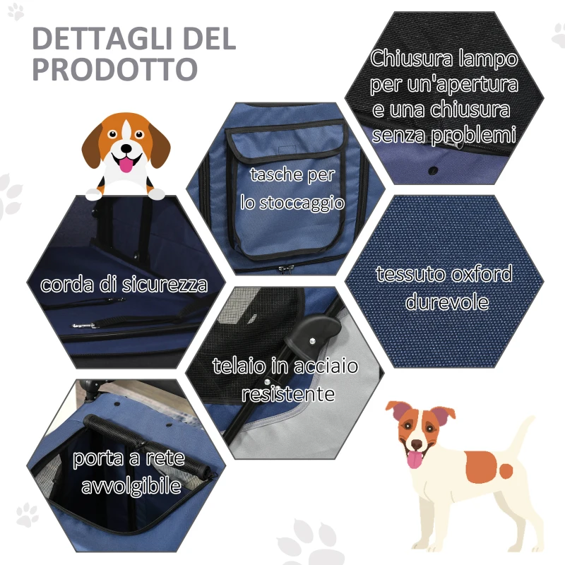 PawHut Passeggino per Cani fino a 30kg Pieghevole con Manubrio Regolabile, Grigio e Blu
