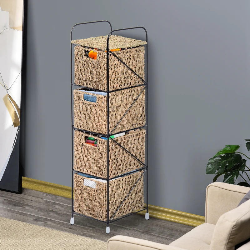 HOMCOM Mobilier cu 4 Coșuri pentru Casă din Alge marine și Fier, 20x20x78cm Negru și culoare naturală