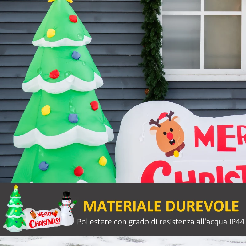 HOMCOM Albero di Natale Gonfiabile 163cm con Pupazzo di Neve e Scritta, Gonfiatore e Luci, Decorazione Natalizia da Esterno