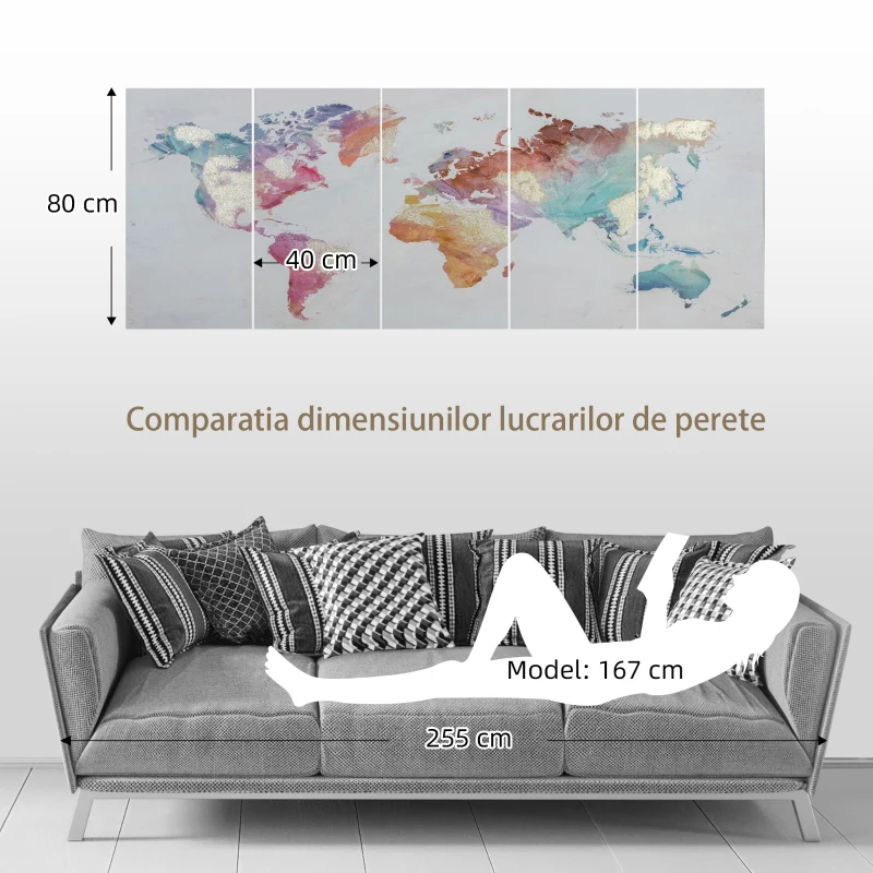 HOMCOM 5 Piese Canvas Wall Art Harta Lumii, Tablouri de Perete pentru Decor Dormitor Sufragerie, 80 x 40 cm x 4