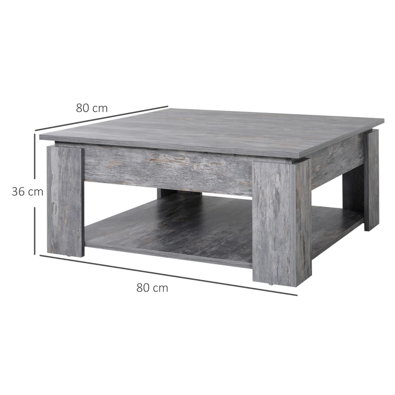 Homcom Masa de cafea joasa moderna 2 nivele din lemn cu efect de ciment 80x80x36cm