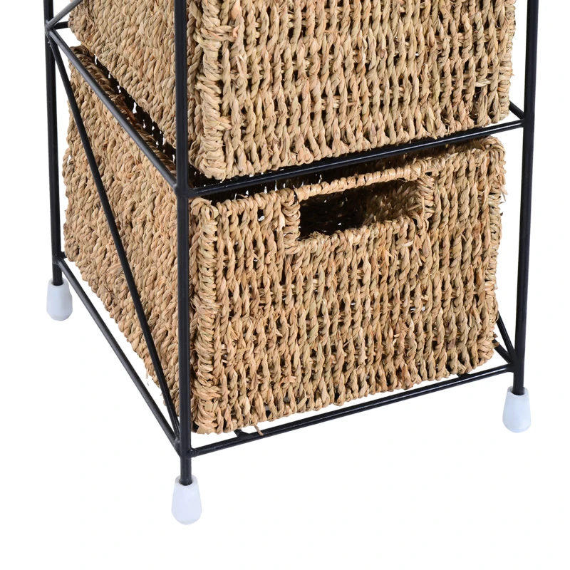 HOMCOM Mobilier cu 4 Coșuri pentru Casă din Alge marine și Fier, 20x20x78cm Negru și culoare naturală