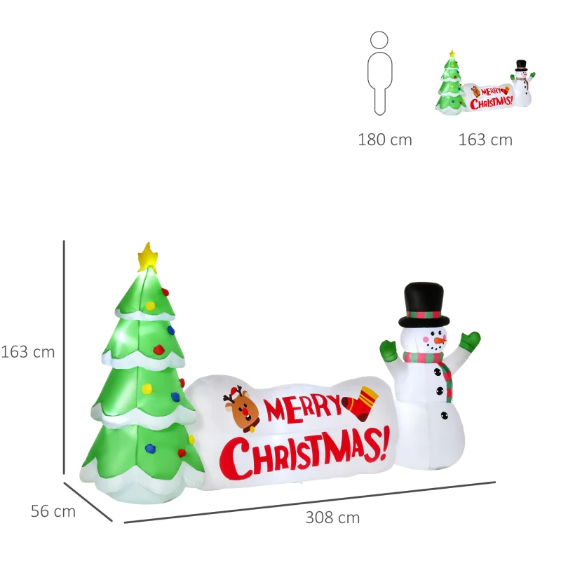 HOMCOM Albero di Natale Gonfiabile 163cm con Pupazzo di Neve e Scritta, Gonfiatore e Luci, Decorazione Natalizia da Esterno