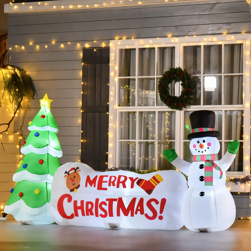 HOMCOM Albero di Natale Gonfiabile 163cm con Pupazzo di Neve e Scritta, Gonfiatore e Luci, Decorazione Natalizia da Esterno