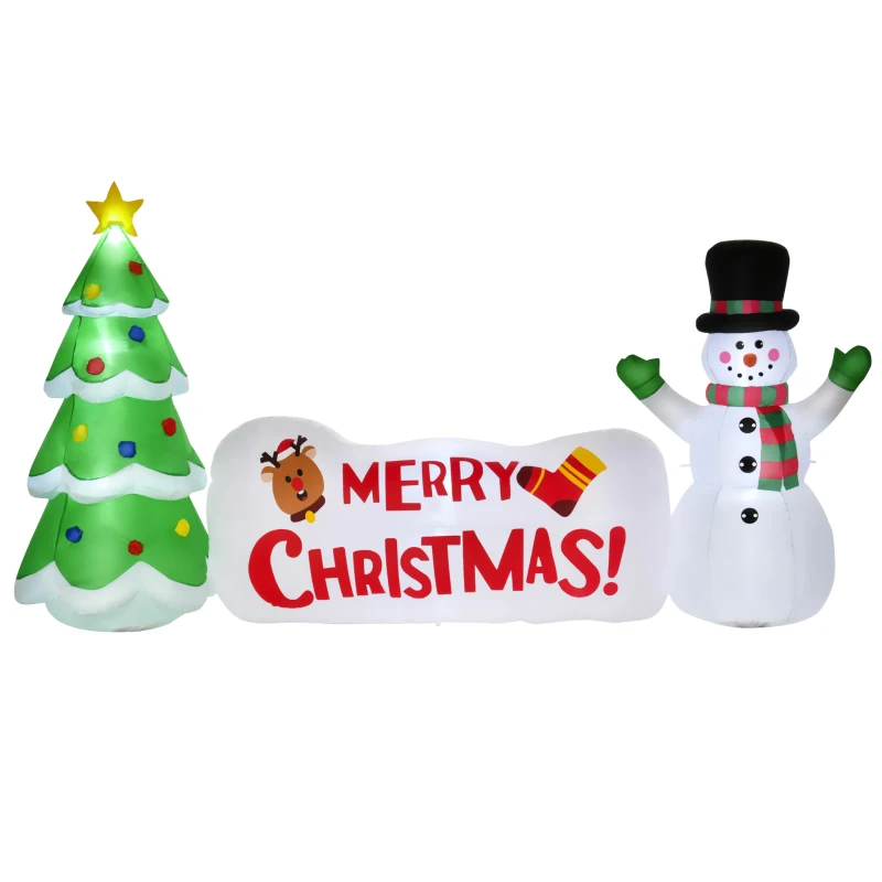 HOMCOM Albero di Natale Gonfiabile 163cm con Pupazzo di Neve e Scritta, Gonfiatore e Luci, Decorazione Natalizia da Esterno