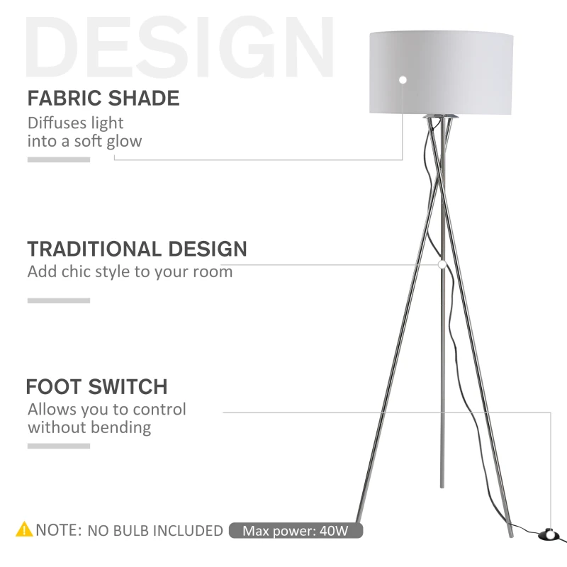 Homcom Lampa de Podea cu Baza tip Trepied si Abajur din Tesatura Alba