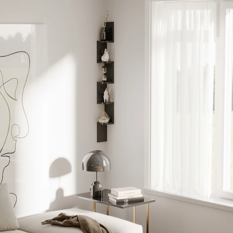 HOMCOM Wooden 5-tier Corner Shelf Wall Mount Zig Zag Floating Display Rack Bookcase Hanging CD/DVD Storage Home Furniture (Black)