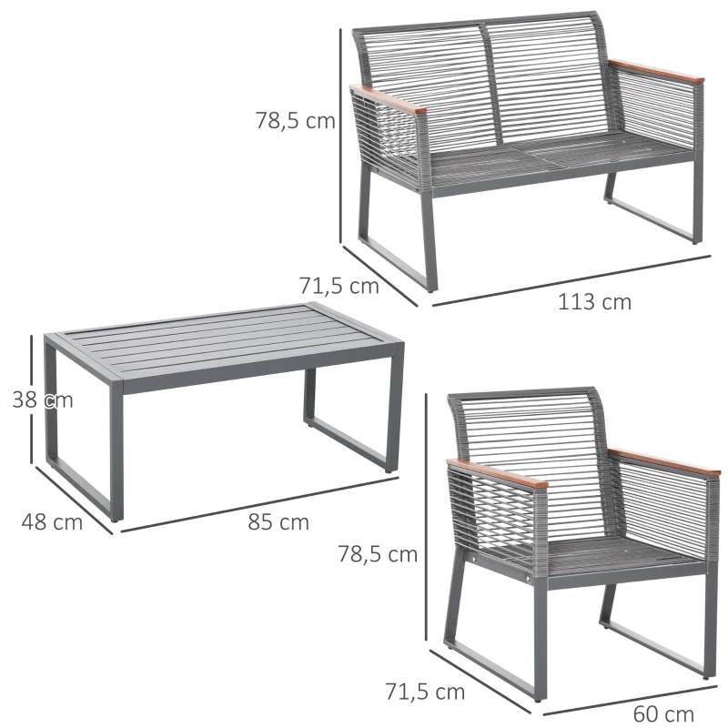 Outsunny Conjunto de móveis de jardim de 4 peças vime com 1 mesa de centro 1 sofá duplo e 2 cadeiras Almofadas acolchoadas para pátio terraço Cinza