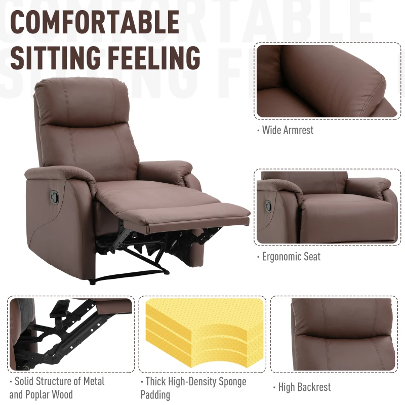 HOMCOM Fotoliu Relax Manual cu Spătar Reclinabil – Piele Sintetică Maro