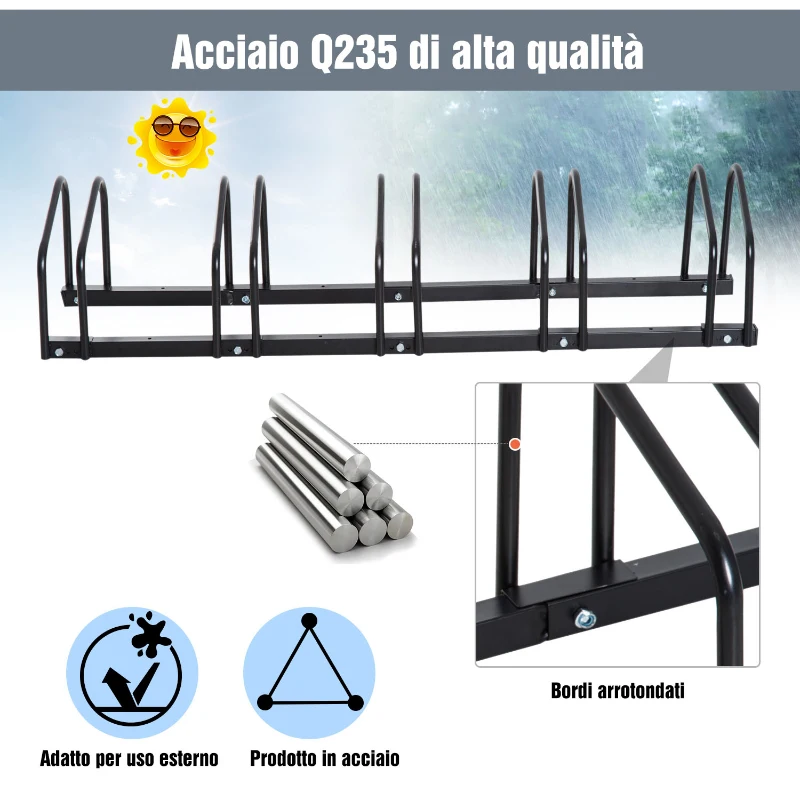 HomCom Rastrelliera Portabici  Parcheggio per 5 Biciclette 130 × 33 × 27cm Nero