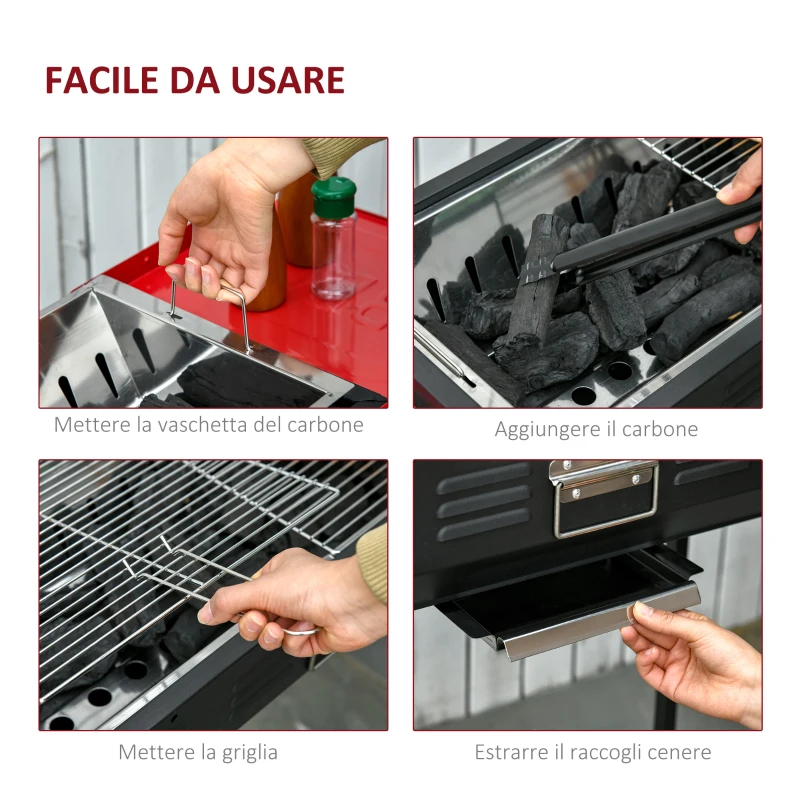 Outsunny Barbecue a Carbonella Portatile ad Altezza regolabile con Griglia e Teglia, 120x31x60-70 cm, Nero e Rosso
