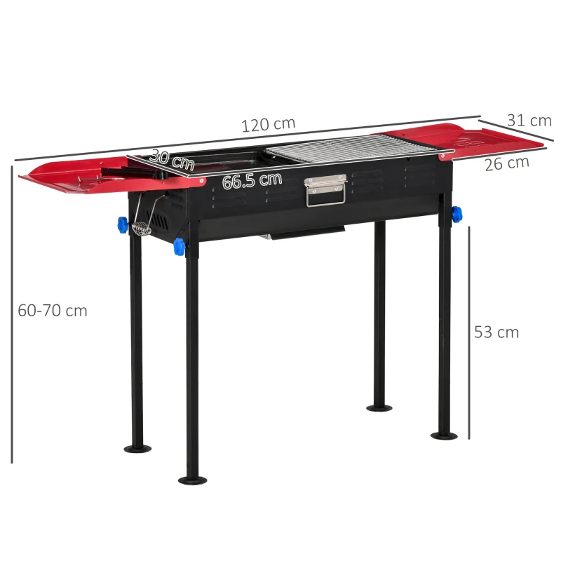 Outsunny Barbecue a Carbonella Portatile ad Altezza regolabile con Griglia e Teglia, 120x31x60-70 cm, Nero e Rosso