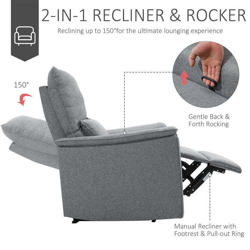 HOMCOM Manual Recliner Armchair, Polyester Upholstered Rocking Chair Sofa Fabric Armchair with Footrest for Living Room