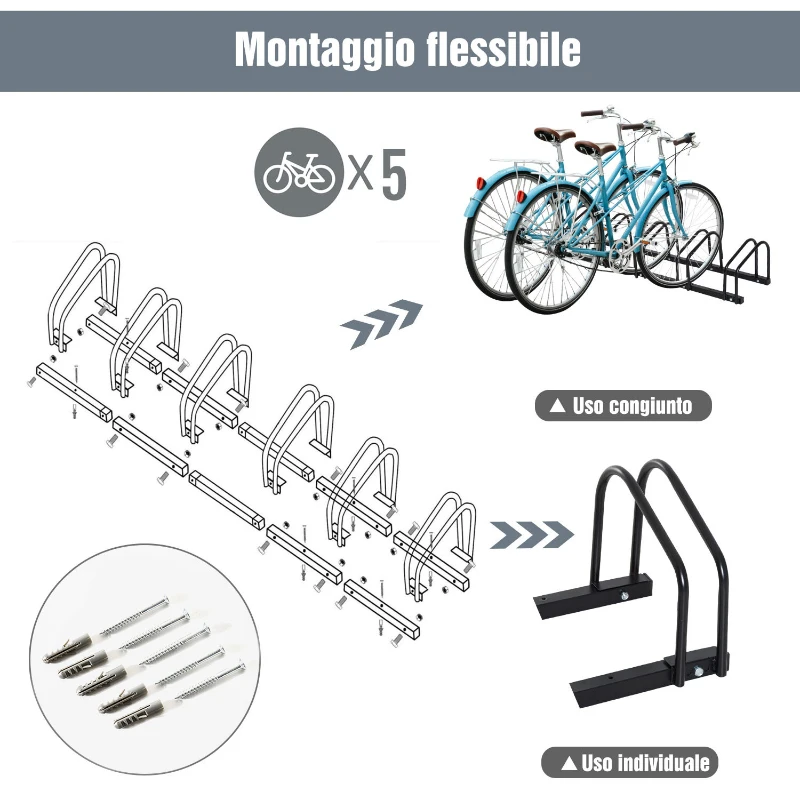 HomCom Rastrelliera Portabici  Parcheggio per 5 Biciclette 130 × 33 × 27cm Nero