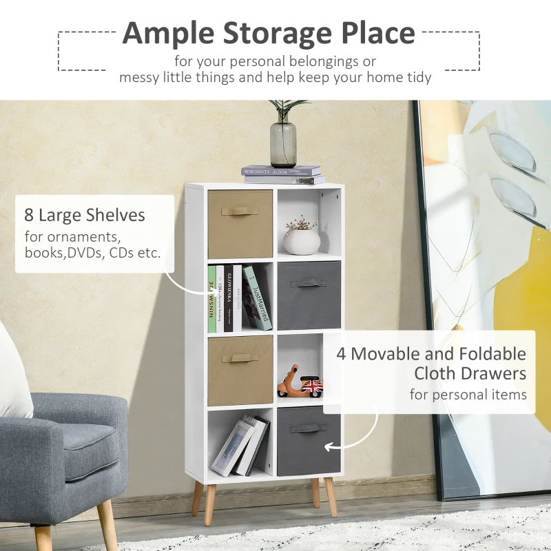 HOMCOM Freestanding 8 Cube Storage Cabinet Unit w/ 4 Fabric Drawers Handles Home Office Organisation Shelves Furniture 54.5L x 24W x 122.5H cm